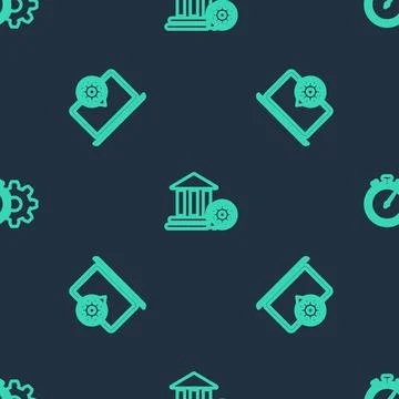 Set line Bank building setting, Laptop and Time management on seamless patter Stock Illustration