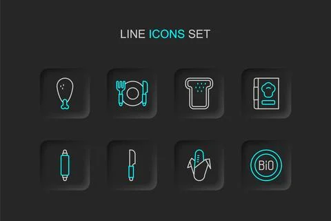 Set line Banner for bio, Corn, Knife, Rolling pin, Cookbook, Bread toast, P.. Stock Illustration