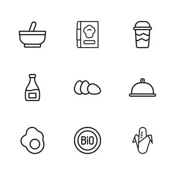 Set line Banner for bio, Covered with tray of food, Corn, Chicken egg, Coff.. Stock Illustration