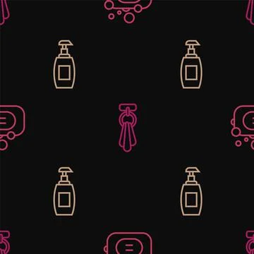 Set line Bar of soap, Bottle liquid and Towel on hanger on seamless pattern Stock Illustration