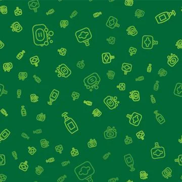 Set line Bar of soap, Bottle liquid and Perfume on seamless pattern. Vector 스톡 일러스트