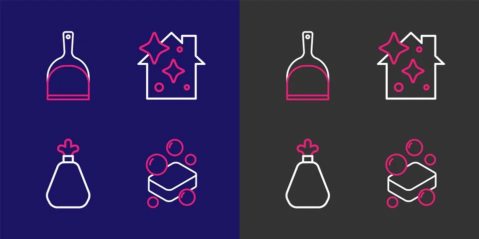 Set line Bar of soap, Garbage bag, Home cleaning service and Dustpan icon. .. Stock Illustration