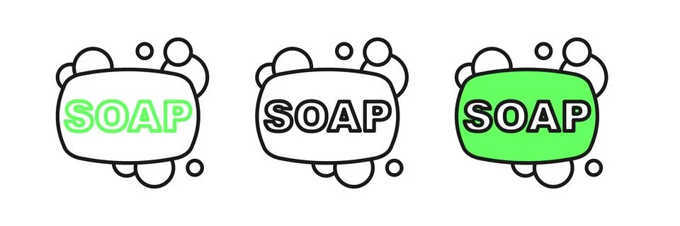 Set line Bar of soap icon isolated on white background. Soap bar with bubbl.. Stock Illustration