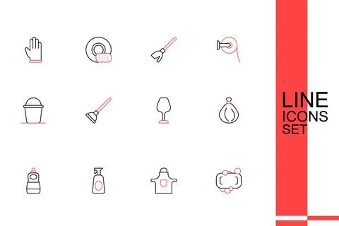 Set line Bar of soap, Kitchen apron, Cleaning spray with detergent, Dishwas.. Stock Illustration