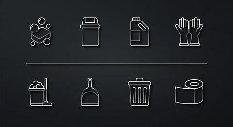 Set line Bar of soap, Mop and bucket, Rubber gloves, Trash can, Dustpan, Toilet Stock-Illustration
