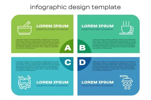 Set line Bar of soap, Mortar and pestle, Shower and Cup tea. Business infog.. Stock Illustration