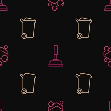 Set line Bar of soap, Trash can and Rubber plunger on seamless pattern. Vector Illustrazione stock