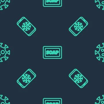 Set line Bar of soap, Virus statistics on mobile and  on seamless pattern. .. Stock Illustration