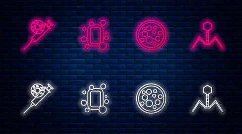 Set line Bar of soap, Virus, Syringe and virus and Bacteria bacteriophage. Gl Stock Illustration
