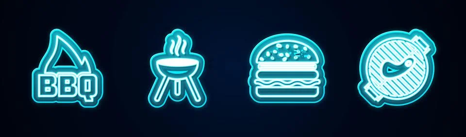 Set line Barbecue fire flame, grill, Burger and with steak. Glowing neon icon Stock Illustration