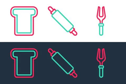 Set line Barbecue fork, Bread toast and Rolling pin icon. Vector Stockillustratie