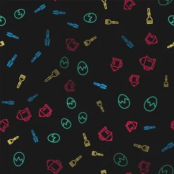 Set line Barbecue fork, Broken egg, Fork and French press on seamless pattern イラスト素材