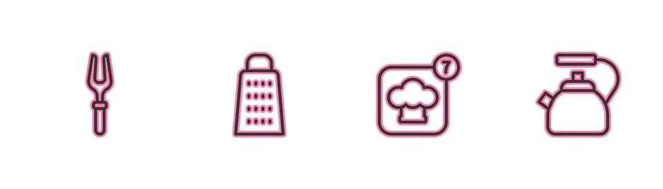 Set line Barbecue fork, Chef hat, Grater and Kettle with handle icon. Vector Illustration