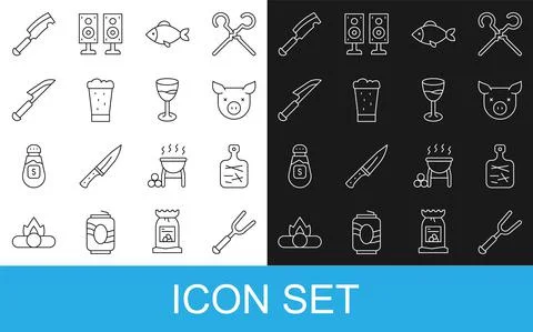 Set line Barbecue fork, Cutting board, Pig, Fish, Glass of beer, Knife, Meat Stock Illustration