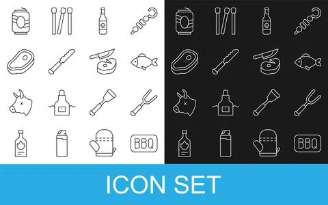 Set line Barbecue, fork, Fish, Beer bottle, Bread knife, Steak meat, Soda c.. Stock Illustration