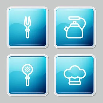 Set line Barbecue fork, Kettle with handle, Spatula and Chef hat icon. Vector Illustration