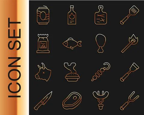 Set line Barbecue fork, Spatula, Burning match with fire, Cutting board, Fish Stock Illustration