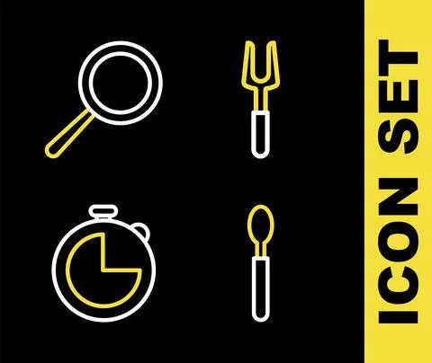 Set line Barbecue fork, Spoon, Kitchen timer and Frying pan icon. Vector 스톡 일러스트
