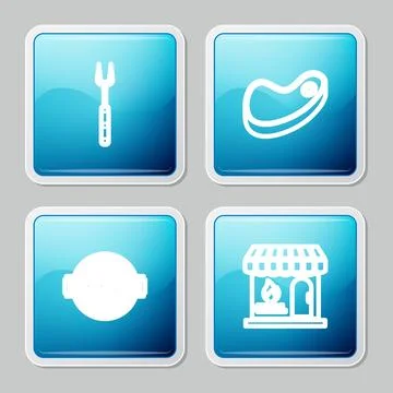 Set line Barbecue fork, Steak meat, grill and shopping building icon. Vector イラスト素材