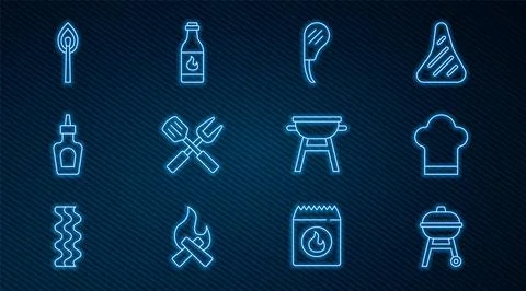 Set line Barbecue grill, Chef hat, Rib eye steak, Crossed fork and spatula,.. Stock Illustration