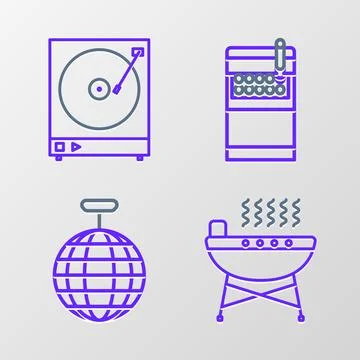Set line Barbecue grill, Disco ball, Open cigarettes pack box and Vinyl player Stock Illustration