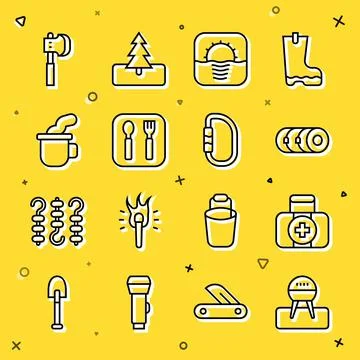 Set line Barbecue grill, First aid kit, Blanket roll, Sunrise, Fork and spoon Illustration