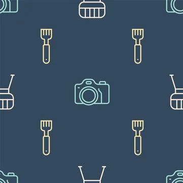 Set line Barbecue grill, Fork and Photo camera on seamless pattern. Vector Stock Illustration