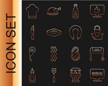Set line Barbecue, grill, Kitchen apron, Tabasco sauce, Steak meat, knife, .. Stock Illustration