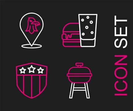 Set line Barbecue grill, Shield with stars, Burger and Eagle icon. Vector Stock Illustration