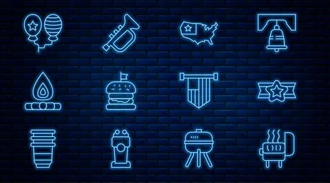 Set line Barbecue grill, Star American military, USA map, Burger, Campfire,.. Stock Illustration