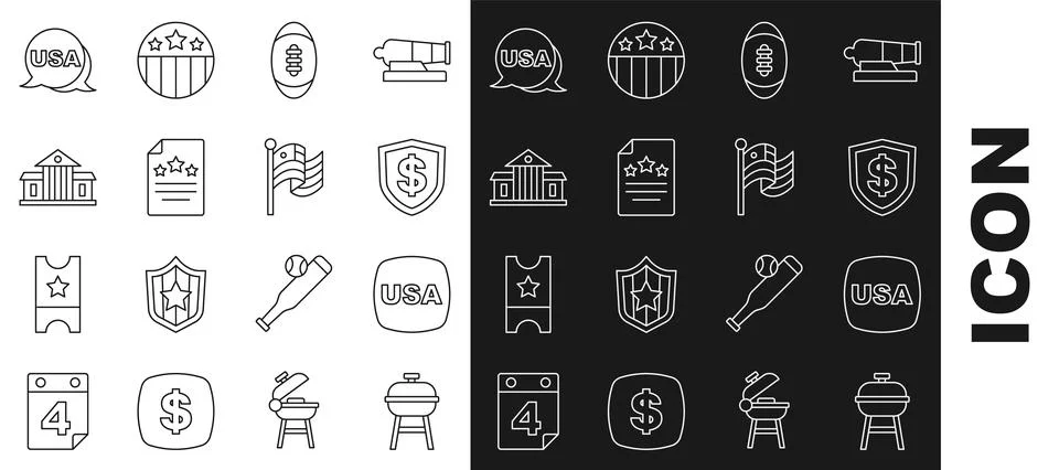 Set line Barbecue grill, USA Independence day, Shield with dollar, American.. Ilustración de archivo