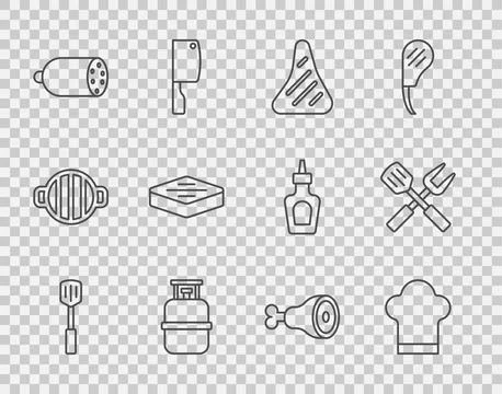 Set line Barbecue spatula, Chef hat, Steak meat, Propane gas tank, Salami Stock Illustration