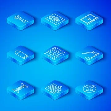 Set line Barbed wire, Binary code, Paper shredder, Parking car barrier, Laptop Illustrazione stock