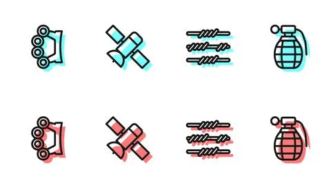 Set line Barbed wire, Brass knuckles, Satellite and Hand grenade icon. Vector Stock Illustration