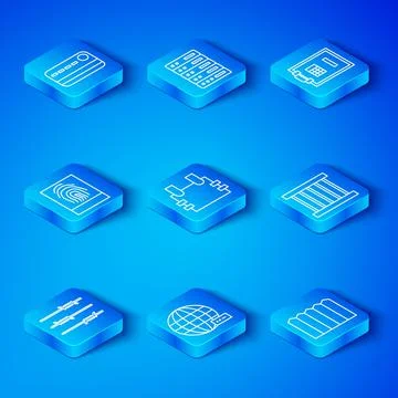 Set line Barbed wire, Bulletproof vest, Social network, Prison window, Safe Stock Illustration