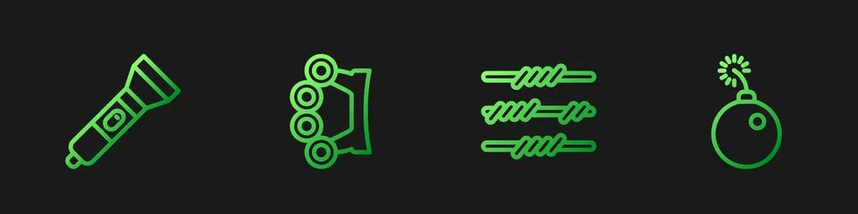 Set line Barbed wire, Flashlight, Brass knuckles and Bomb ready to explode Illustrazione stock