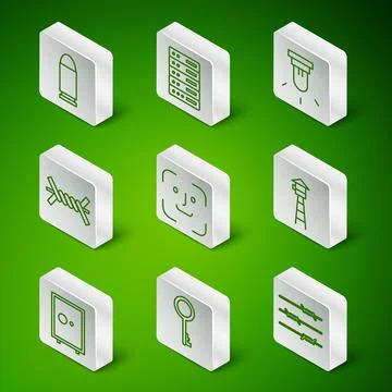 Set line Barbed wire, Old key, Bullet, Face recognition, Server, Data, Web Stock Illustration