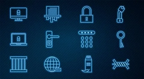 Set line Barbed wire, Old key, Lock, Door handle, Laptop lock, on computer Stock Illustration