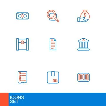 Set line Barcode, Carton cardboard box, Shopping list, Bank building, Paper.. Illustration