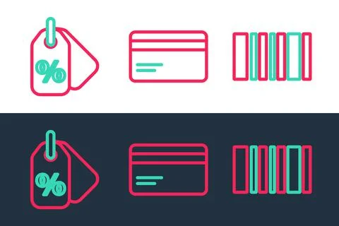 Set line Barcode, Discount percent tag and Credit card icon. Vector イラスト素材