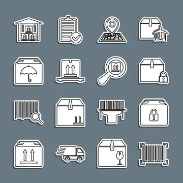 Set line Barcode, Locked package, Placeholder on map, Cardboard boxes palle.. Illustrazione stock