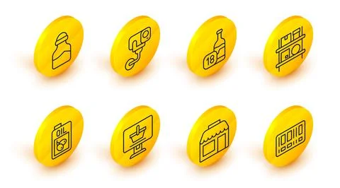 Set line Barcode, Market store, Shopping cart on computer, Bottle of olive oil Illustrazione stock