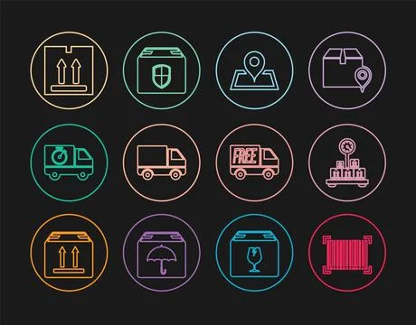 Set line Barcode, Scale with cardboard box, Placeholder on map, Delivery ca.. Stock Illustration