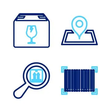 Set line Barcode, Search package, Placeholder on map and Delivery box with Stockillustratie