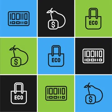 Set line Barcode, Shopping bag with recycle and Price tag for pear icon. Vector Illustrazione stock