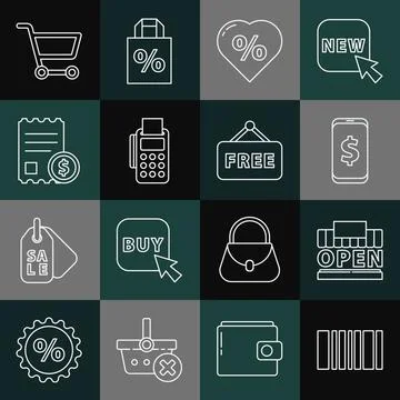 Set line Barcode, Shopping building and open, Smartphone with dollar, Discount Ilustración de archivo