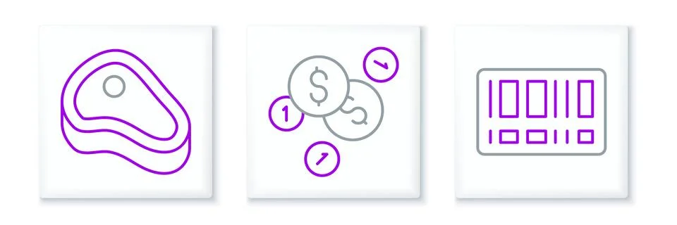 Set line Barcode, Steak meat and Coin money with dollar icon. Vector Illustrazione stock