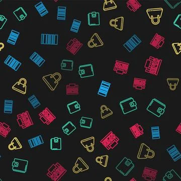 Set line Barcode, Wallet, Handbag and Shopping building open on seamless patt Ilustración de archivo