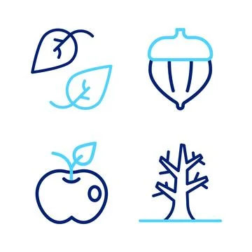 Set line Bare tree, Apple, Acorn and Leaf icon. Vector Stock Illustration