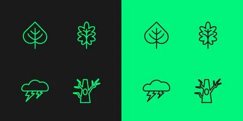 Set line Bare tree, Cloud and lightning, Leaf and icon. Vector Illustrazione stock